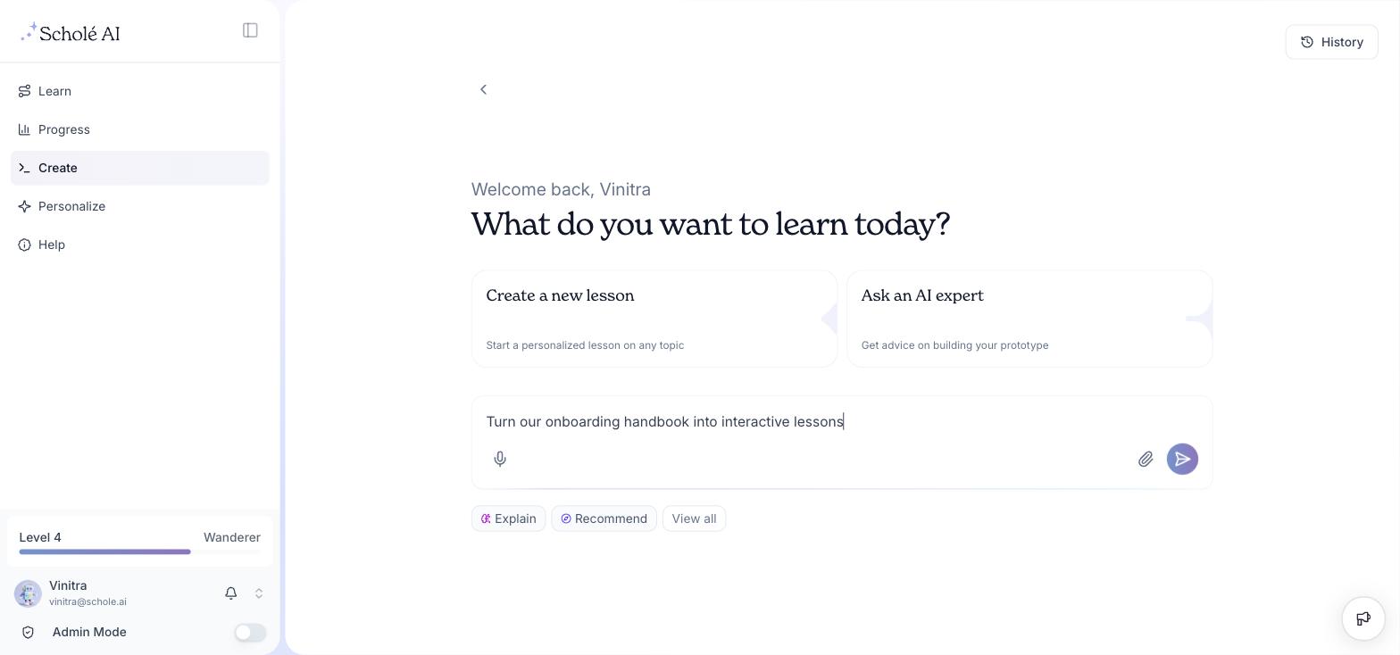 The Scholé Create screen, where a lesson is authored from a single prompt such as turning an onboarding handbook into interactive lessons