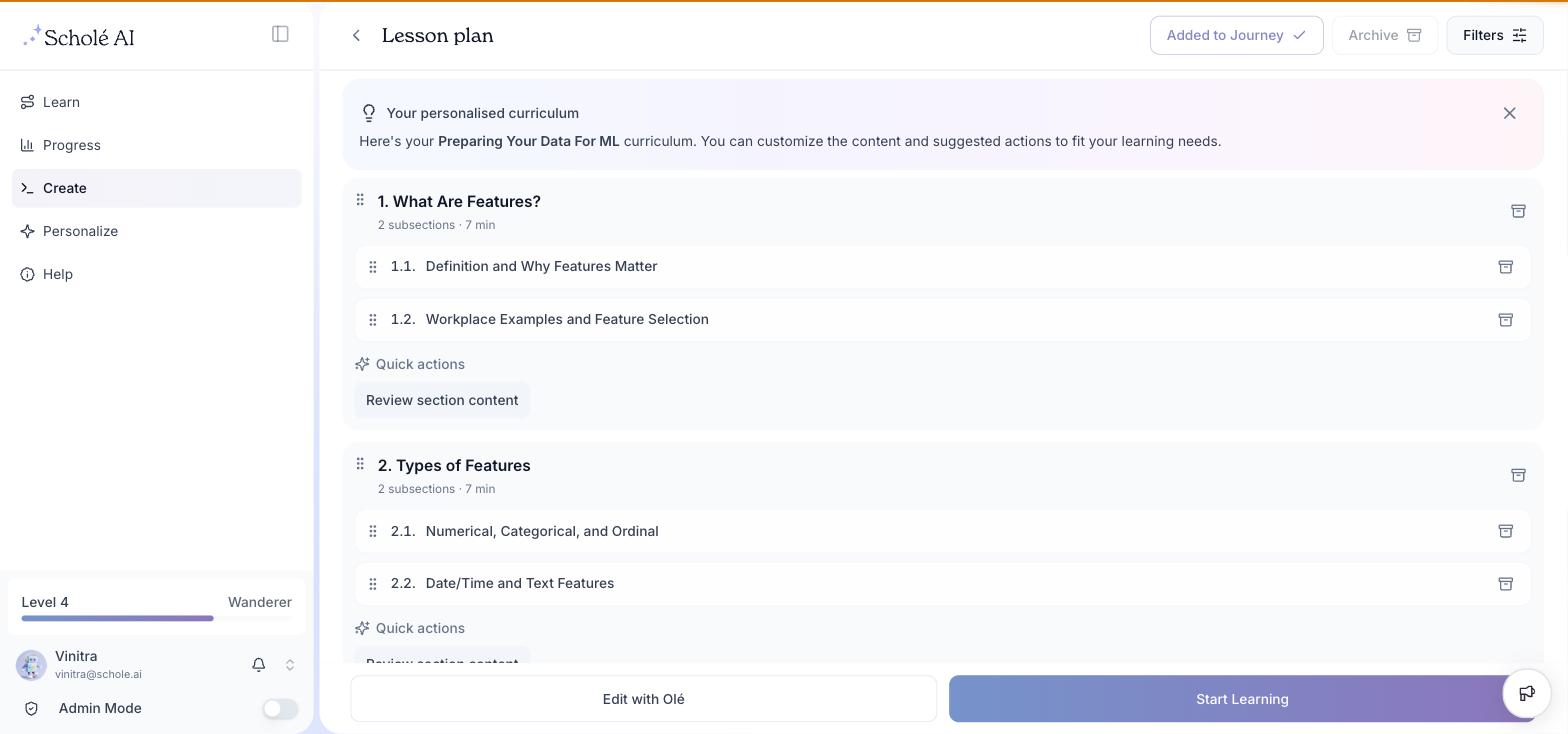 The Scholé lesson-plan editor showing draggable course sections with subsections, quick actions, and the Edit with Olé control