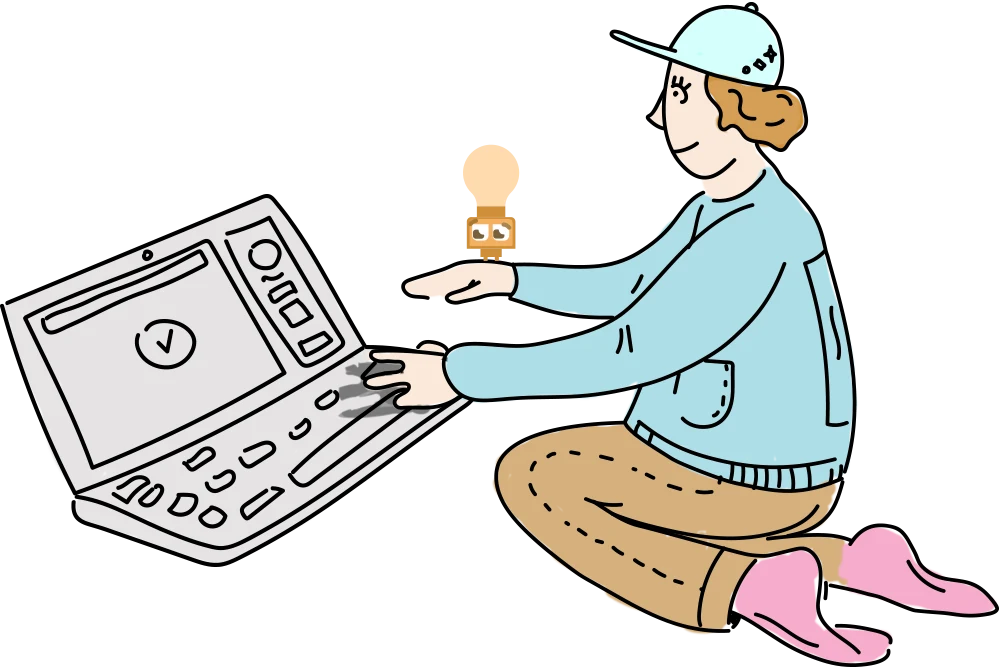 A learner sitting cross-legged at a laptop with Olé resting in their open hand, a task ticked off on the screen.