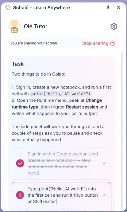 The Olé side panel walking a learner through a two-step task in Google Colab.