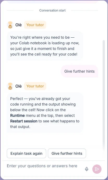 The Olé side panel mid-conversation, explaining what to click next in Colab.