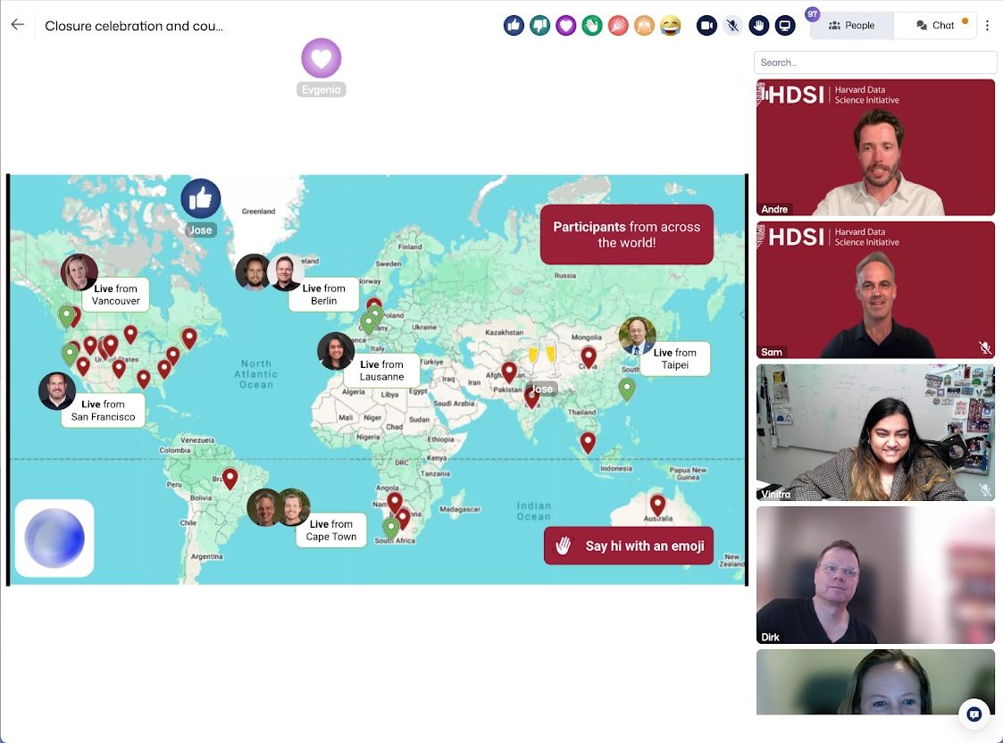 Live participant map from a closure session showing pins across North America, Europe, Africa and Asia, with participants joining from Vancouver, San Francisco, Berlin, Lausanne, Taipei and Cape Town.